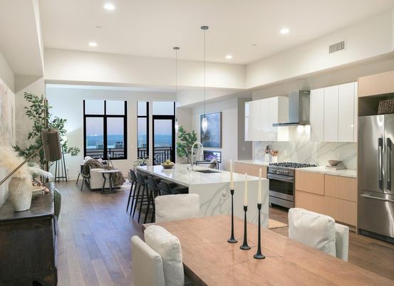 Dining room, Interior, Kitchen, Living room, Pendant Lights, Recessed Lighting, Stainless Steel Appliances, Water, Wood Texture Flooring