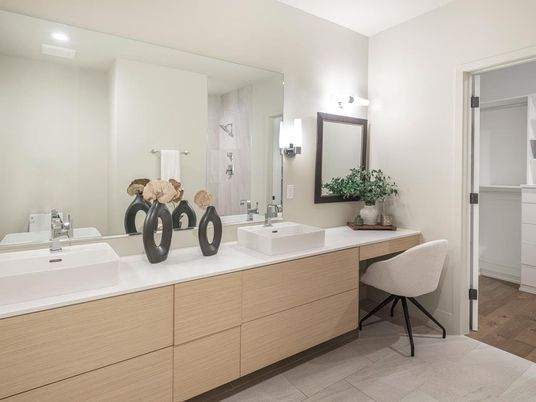 Bathroom, Dual Sink Vanities, Interior, Recessed Lighting, Wood Texture Flooring
