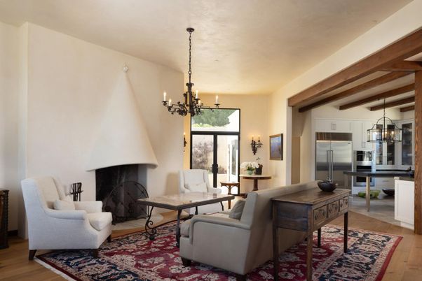 Chandelier, Dining room, Fireplace, Interior, Kitchen, Living room, Pendant Lights, Wooden Beams, Wood Texture Flooring