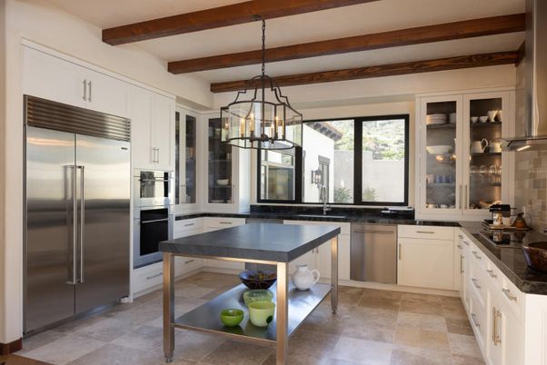 Interior, Kitchen, Pendant Lights, Stainless Steel Appliances, Wooden Beams