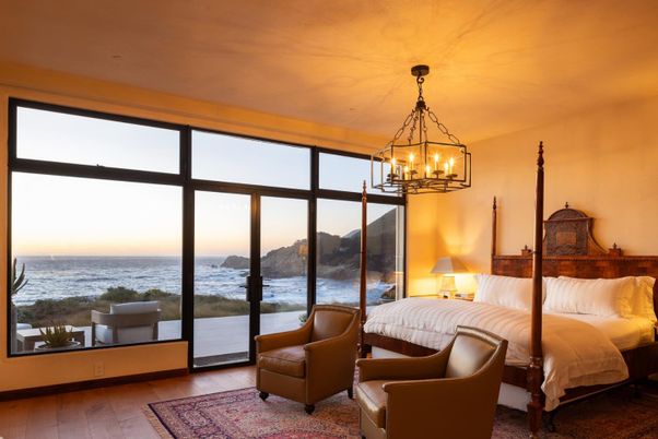 Bedroom, Interior, Pendant Lights, Water, Wood Texture Flooring