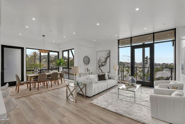 Dining room, Interior, Living room, Pendant Lights, Recessed Lighting, Wood Texture Flooring