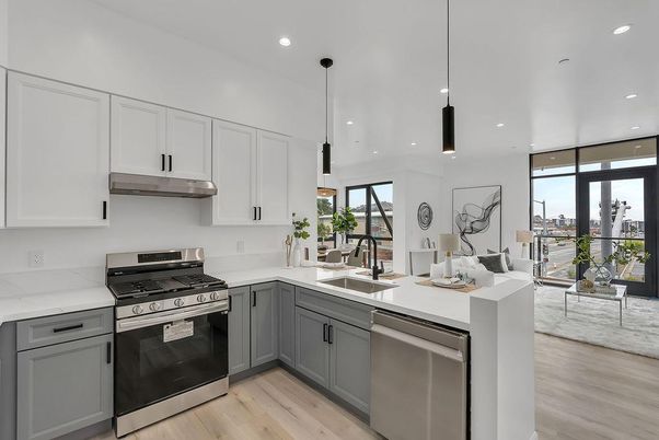 Interior, Kitchen, Living room, Pendant Lights, Recessed Lighting, Stainless Steel Appliances, Wood Texture Flooring