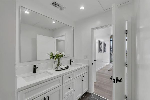 Bathroom, Dual Sink Vanities, Interior, Recessed Lighting, Wood Texture Flooring