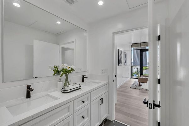 Bathroom, Dual Sink Vanities, Interior, Recessed Lighting, Wood Texture Flooring
