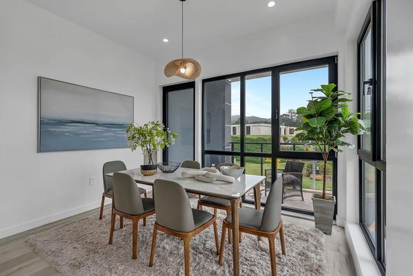 Dining room, Interior, Pendant Lights, Recessed Lighting, Wood Texture Flooring