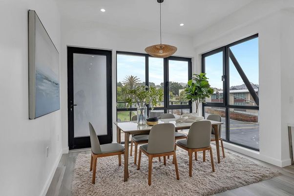 Dining room, Interior, Pendant Lights, Recessed Lighting, Wood Texture Flooring