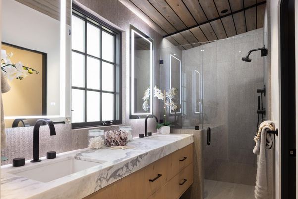 Bathroom, Dual Sink Vanities, Glass Shower, Interior, Wooden Ceilings