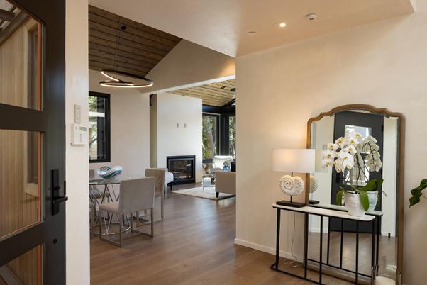 Dining room, Fireplace, Interior, Pendant Lights, Recessed Lighting, Wooden Ceilings, Wood Texture Flooring