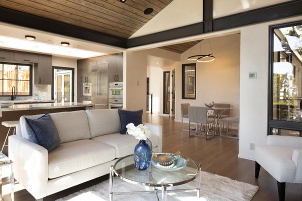 Dining room, Interior, Kitchen, Living room, Pendant Lights, Recessed Lighting, Stainless Steel Appliances, Wooden Ceilings, Wood Texture Flooring