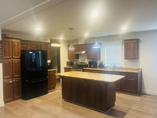Interior, Kitchen, Pendant Lights, Recessed Lighting, Wood Texture Flooring
