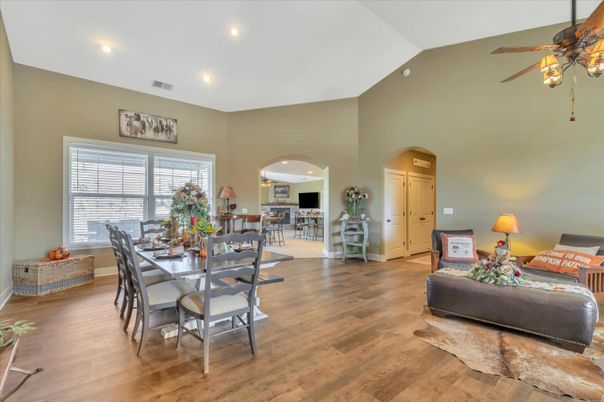 Dining room, Interior, Recessed Lighting, Wood Texture Flooring