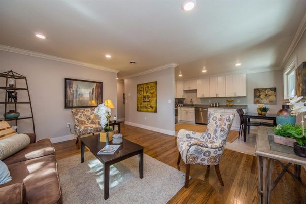 Dining room, Interior, Kitchen, Living room, Recessed Lighting, Stainless Steel Appliances, Wood Texture Flooring
