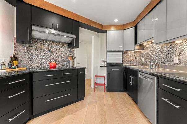 Interior, Kitchen, Recessed Lighting, Stainless Steel Appliances, Wood Texture Flooring