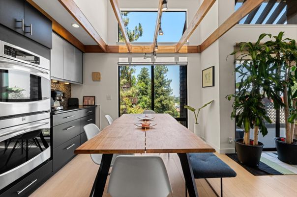 Dining room, Glass Ceilings, Interior, Kitchen, Stainless Steel Appliances, Wood Texture Flooring