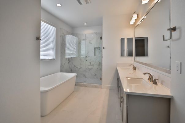 Bathroom, Dual Sink Vanities, Free Standing Baths, Glass Shower, Interior, Marble Walls, Recessed Lighting