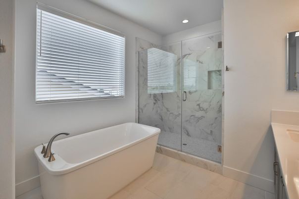 Bathroom, Free Standing Baths, Glass Shower, Interior, Marble Walls, Recessed Lighting
