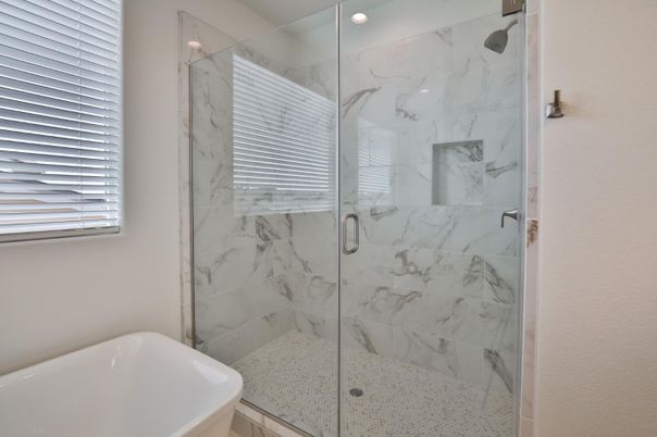 Bathroom, Glass Shower, Interior, Marble Walls, Recessed Lighting