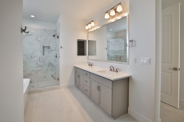 Bathroom, Dual Sink Vanities, Glass Shower, Interior, Marble Walls, Recessed Lighting