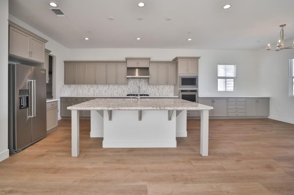 Chandelier, Interior, Kitchen, Recessed Lighting, Stainless Steel Appliances, Wood Texture Flooring
