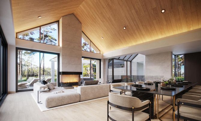 Dining room, Fireplace, Interior, Living room, Recessed Lighting, Wooden Ceilings, Wood Texture Flooring