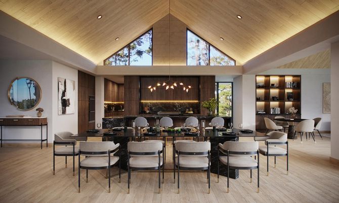 Dining room, Interior, Kitchen, Pendant Lights, Recessed Lighting, Wooden Ceilings, Wood Texture Flooring