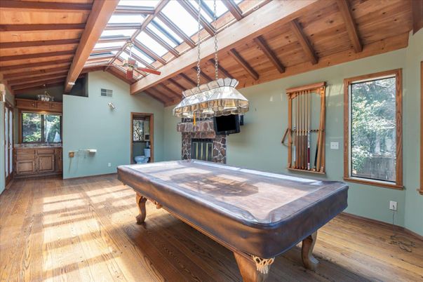 Billiard Table, Fireplace, Game Room, Interior, Pendant Lights, Wooden Beams, Wooden Ceilings, Wood Texture Flooring