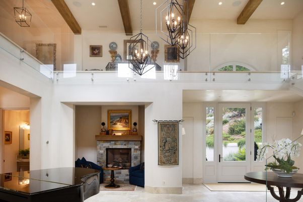 Chandelier, Fireplace, Interior, Pendant Lights, Recessed Lighting, Wooden Beams