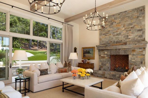 Chandelier, Fireplace, Interior, Living room, Stone Walls, Wooden Beams