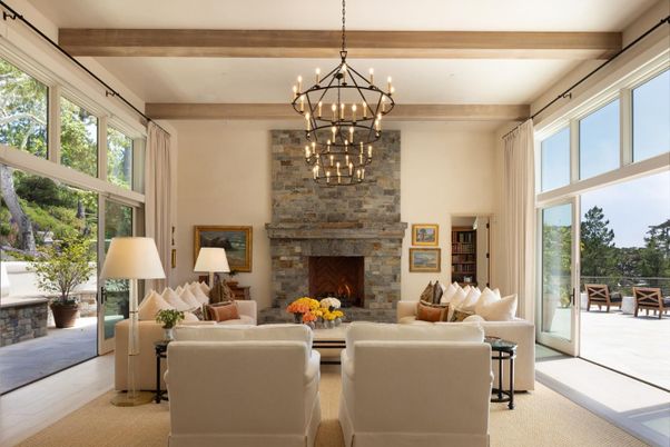 Chandelier, Fireplace, Interior, Living room, Stone Walls, Wooden Beams