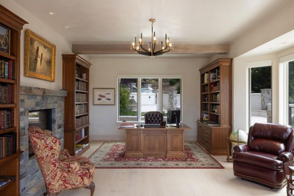 Chandelier, Fireplace, Home Office, Interior, Recessed Lighting, Wooden Beams, Wood Texture Flooring