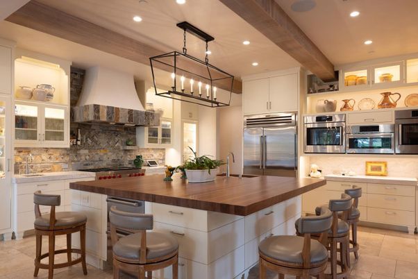Interior, Kitchen, Pendant Lights, Recessed Lighting, Stainless Steel Appliances, Wooden Beams