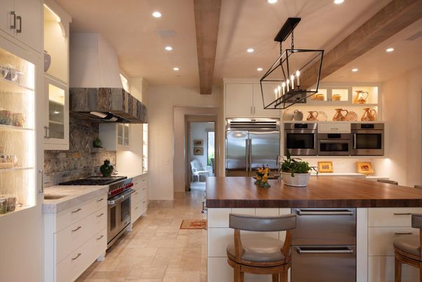 Interior, Kitchen, Pendant Lights, Recessed Lighting, Stainless Steel Appliances, Wooden Beams