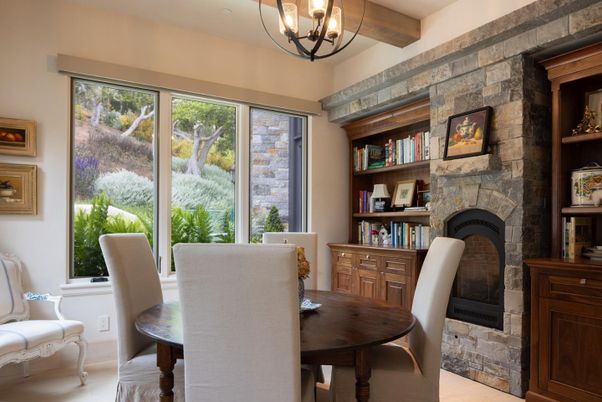 Chandelier, Dining room, Fireplace, Interior, Stone Walls, Wooden Beams, Wood Texture Flooring