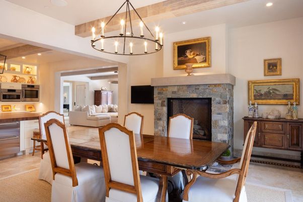 Chandelier, Dining room, Fireplace, Interior, Kitchen, Living room, Pendant Lights, Recessed Lighting