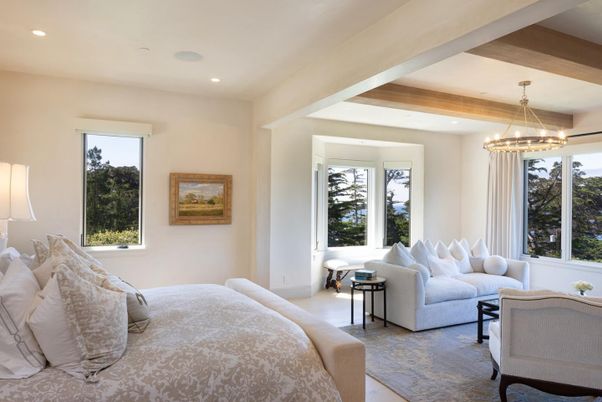 Bedroom, Interior, Pendant Lights, Recessed Lighting, Wooden Beams