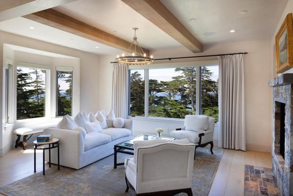 Fireplace, Interior, Living room, Pendant Lights, Recessed Lighting, Wooden Beams, Wood Texture Flooring