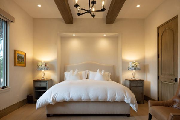 Bedroom, Interior, Pendant Lights, Recessed Lighting, Wooden Beams, Wood Texture Flooring