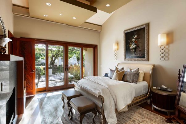 Bedroom, Fireplace, Interior, Recessed Lighting, Wooden Beams, Wood Texture Flooring