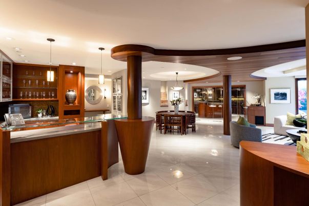 Dining room, Interior, Pendant Lights, Recessed Lighting, Wooden Ceilings