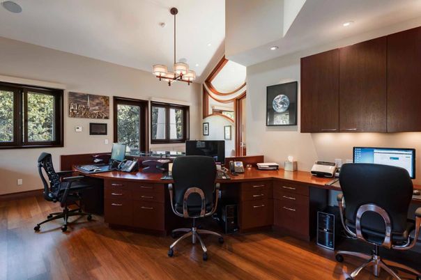 Chandelier, Home Office, Interior, Pendant Lights, Recessed Lighting, Wood Texture Flooring