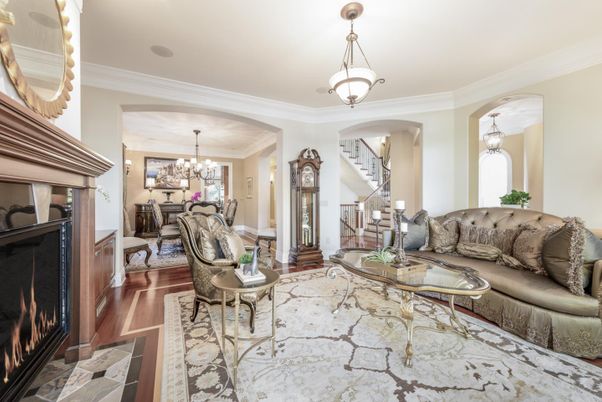 Chandelier, Dining room, Fireplace, Interior, Living room, Pendant Lights, Wood Texture Flooring