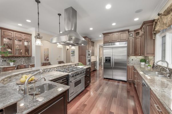 Interior, Kitchen, Pendant Lights, Recessed Lighting, Stainless Steel Appliances, Wood Texture Flooring