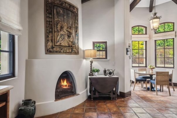 Dining room, Fireplace, Interior, Pendant Lights