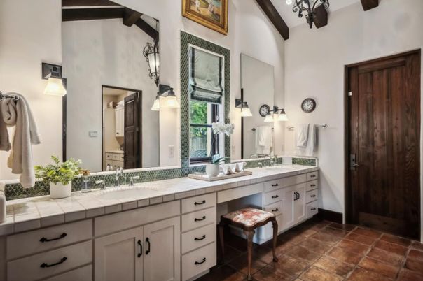 Bathroom, Dual Sink Vanities, Interior, Tile Countertops, Wooden Beams