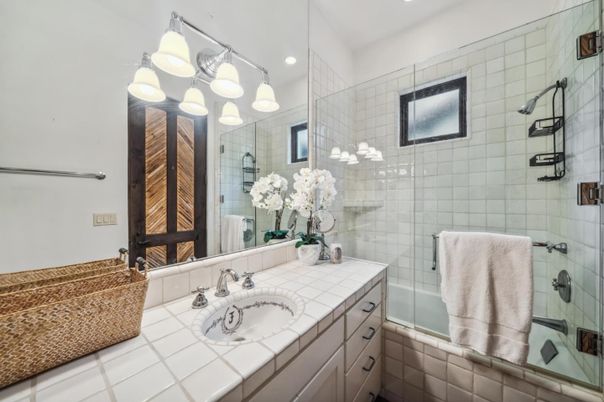 Bathroom, Glass Shower, Interior, Recessed Lighting, Tile Countertops