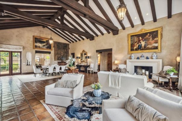 Dining room, Fireplace, Interior, Living room, Pendant Lights, Recessed Lighting, Wooden Beams