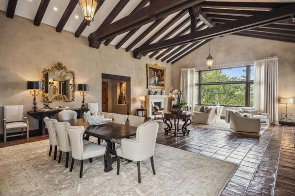 Dining room, Fireplace, Interior, Living room, Pendant Lights, Recessed Lighting, Wooden Beams