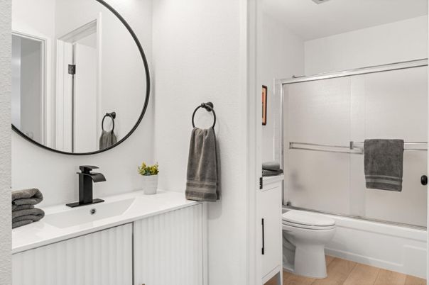 Bathroom, Glass Shower, Interior, Wood Texture Flooring