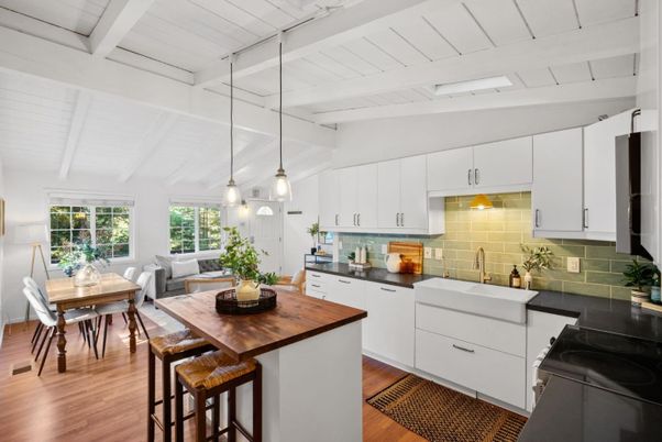 Dining room, Interior, Kitchen, Living room, Pendant Lights, Wood Texture Flooring
